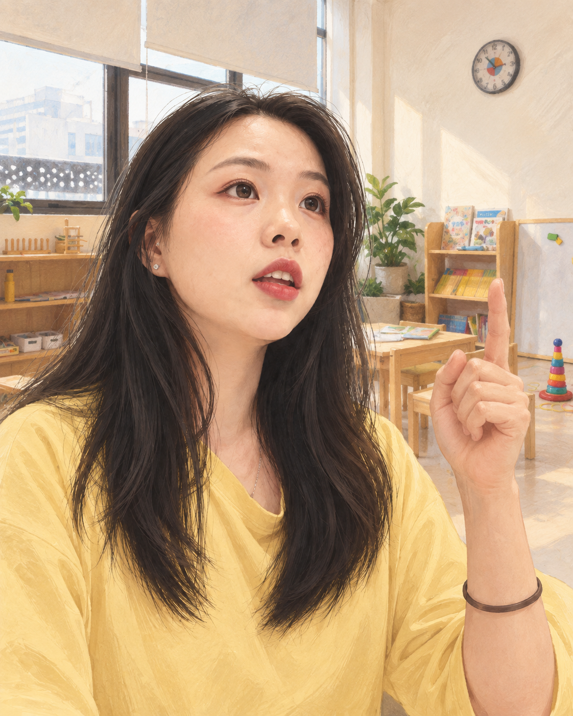 Jenny 妮妮在教室中讲解英语的手绘插画